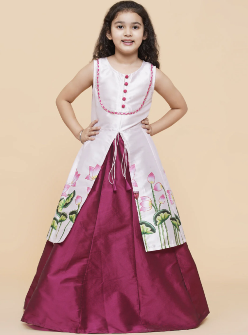 Maroon Lehenga white Floral Flared Design Top - Image 4